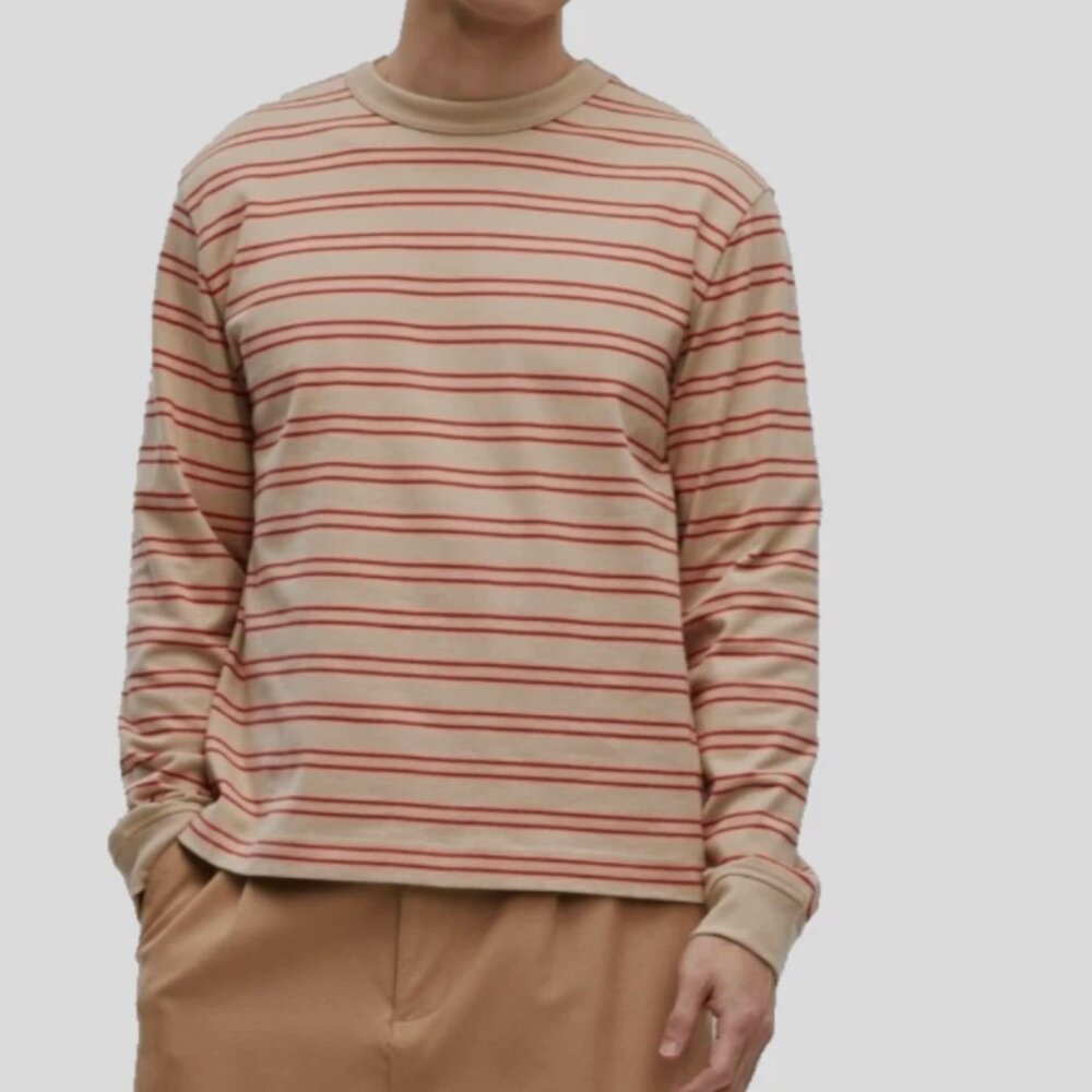 Mode of One Men's Long-Sleeve Relaxed Stripe T-Shirt Cinnamon Brulee Size XL